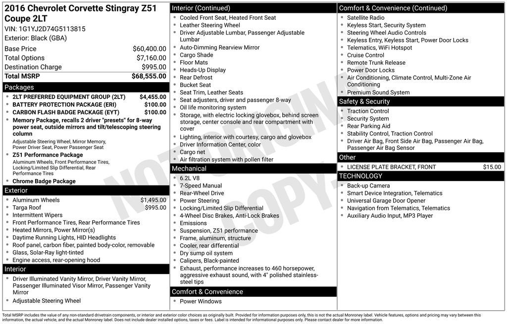 2016 Chevrolet Corvette Stingray Z51 2LT